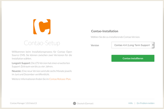 Installationsprozess - Auswahl der Contao 4 Version für die Installation
