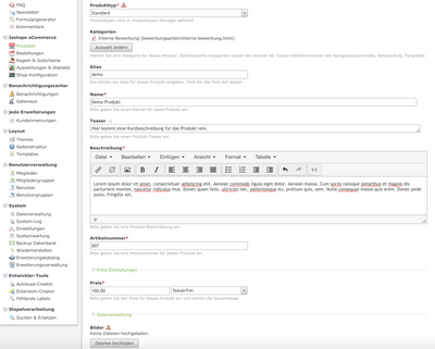 Artikel anlegen im Contao Shop Demo